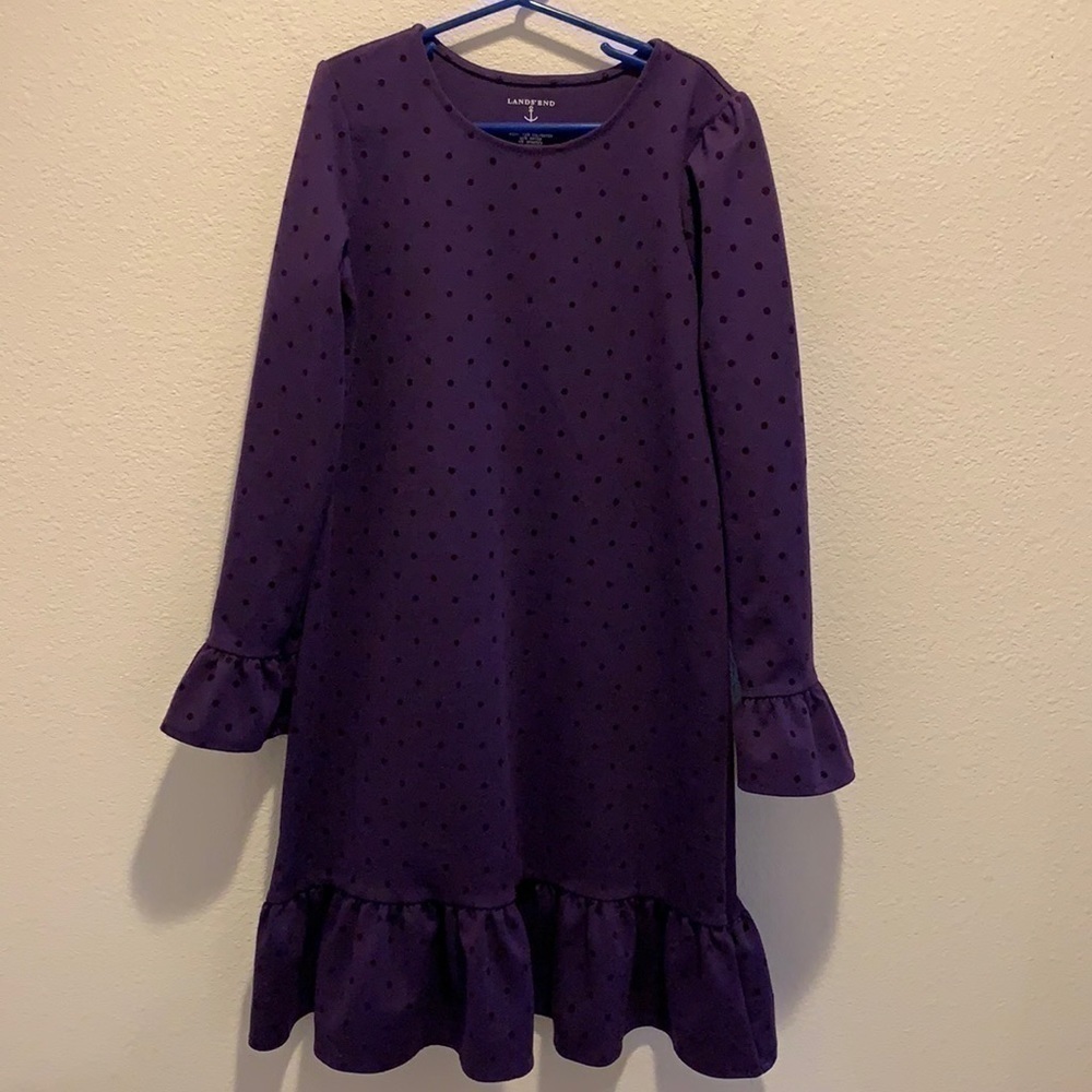 Lands End Girls Dress Purple w/ polka dots&ruffles​​​​​​​​​​​​​​​​​​​​​​​